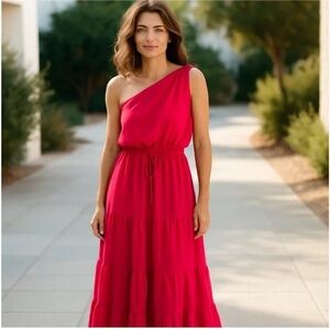 MAX STUDIO ONE SHOULDER TIRED MAXI DRESS POCKETS IN COLOR CERISE Sz MEDIUM NEW